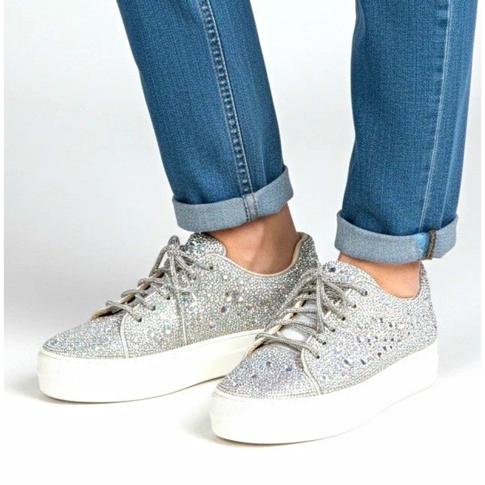 Betsey Johnson Silver Rhinestone Lace Up Low Top Sneakers Women's Shoes Sz 8